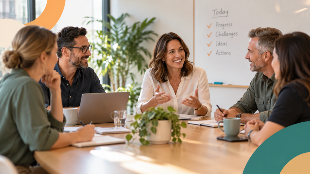 Small team discussing priorities and ideas during a productive team meeting