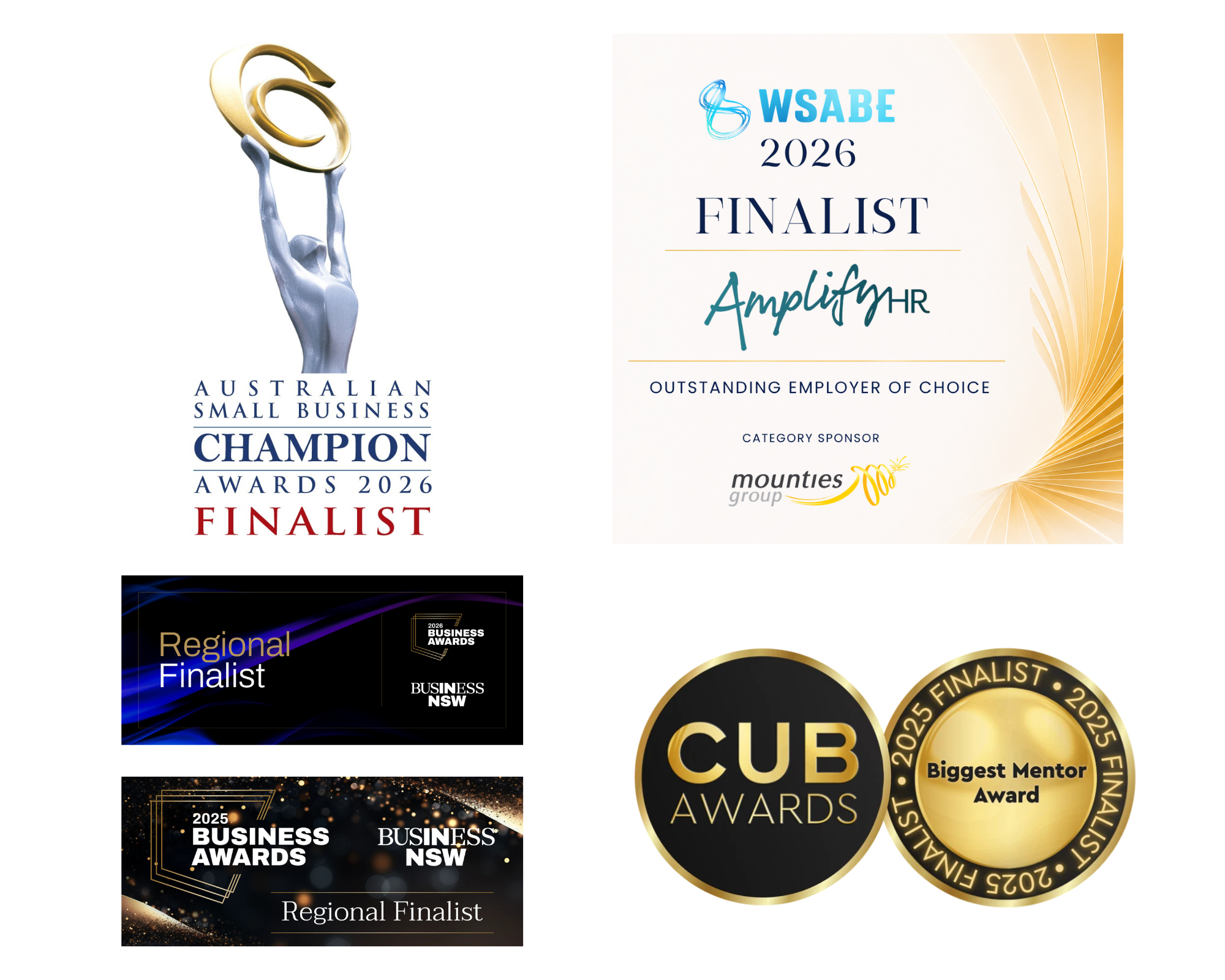 Amplify HR recognised as finalists and award winners across the 2025 and 2026 business awards including WSABE, Business Champions, CUB and NSW Business Awards.