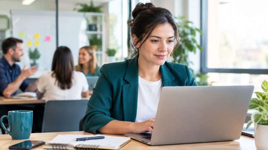 Leader working at their desk in a busy workplace