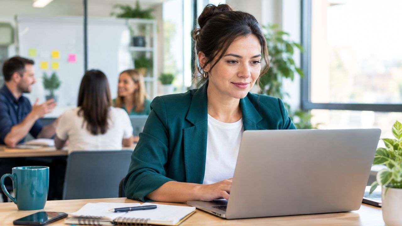 Leader working at their desk in a busy workplace